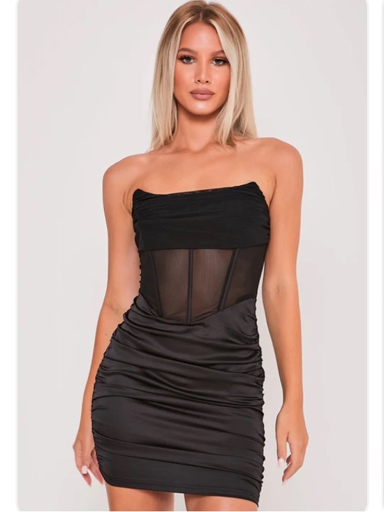 Saint Genies Dresses & Skirts - Mesh Drape Front Ruched Satin Corset Dress Black